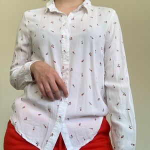 H&M White Button Down Shirt with Roses 🌹